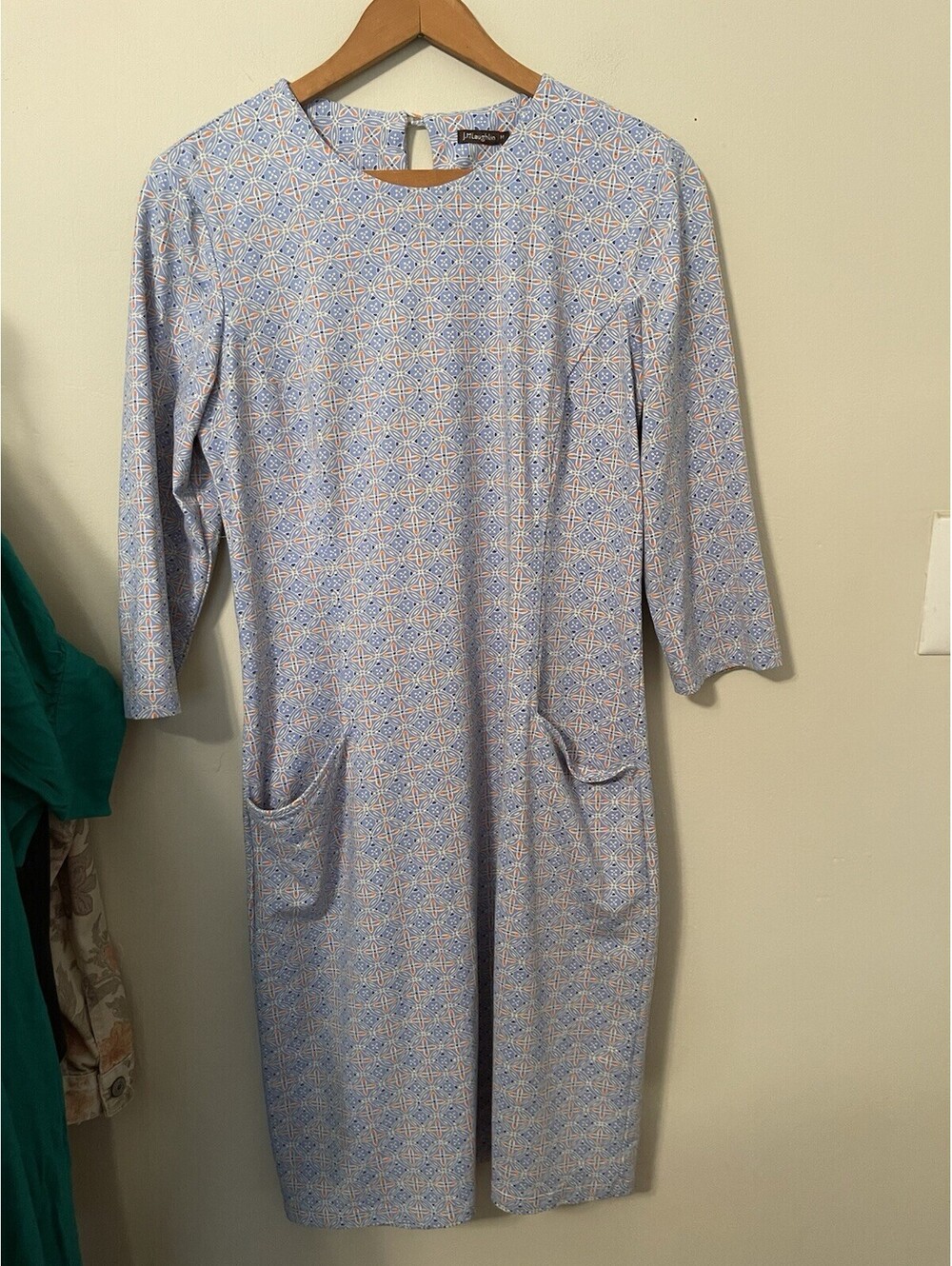 J. Mclaughlin 3/4 Sleeve Dress S Catalyst Blue Geometric Medium M Catalina Cloth